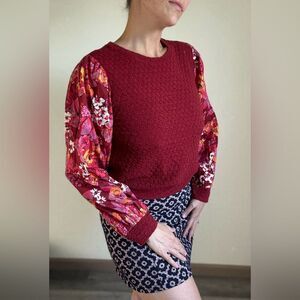 Anthropologie Porridge Textured Top Floral Sleeves Maroon Wine XS Oversized